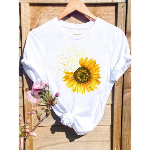 Cross-border large size sunflower floral basic women's trendy cute round neck white short-sleeved top for summer women