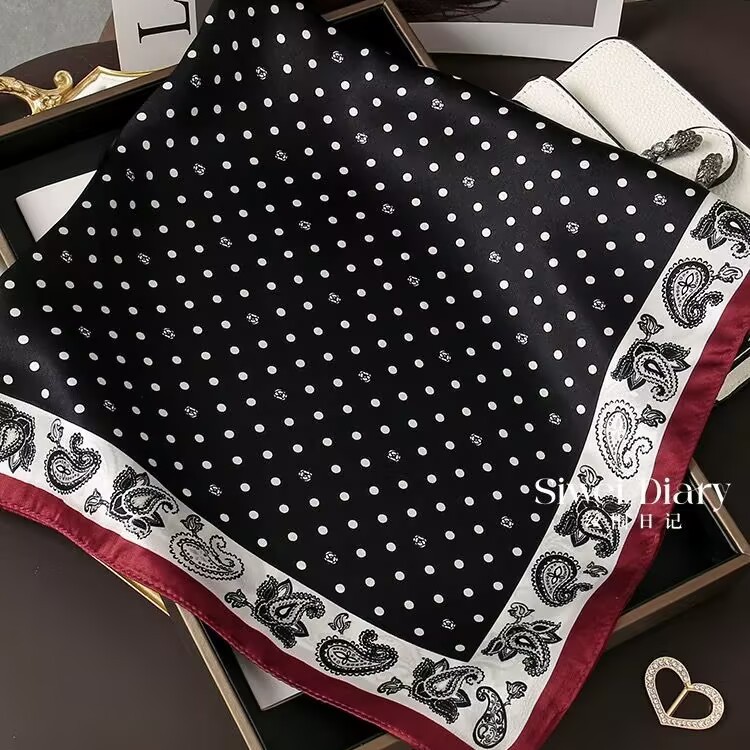 Women's Pure Silk Scarf 2025 New Cashew Polka Dot Square Scarf Autumn/Winter Luxury Old Money Style Korean Necktie - Thumbnail 2