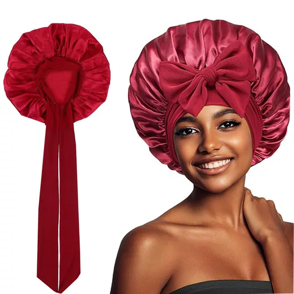Cross-border European and American Women's Satin Ribbon Round Hat Satin Bow Nightcap Hair Care Cap Extra Large Beauty Hair Care Cap