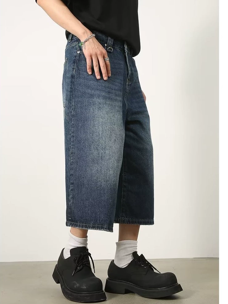 Retro denim wide-leg culottes, women's loose straight fit, summer American style, multiple sizes