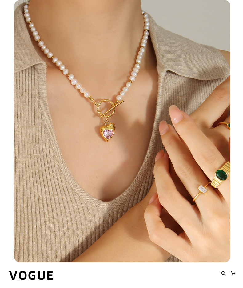 Retro Heart Shape Pearl Titanium Steel Inlay Zircon Necklace