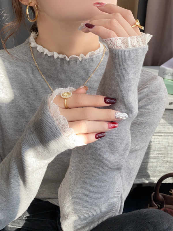 灰色蕾丝边打底衫女早秋季内搭2025新款设计感黑色上衣半高领毛衣|undefined