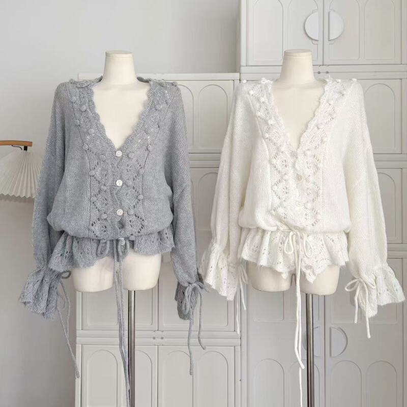 Designed Sweater with Elegant Cut Out Crochet Pattern, Early Autumn Fur Ball V Neck Loose 2025 New Drawstring Hem Knitted Sweater