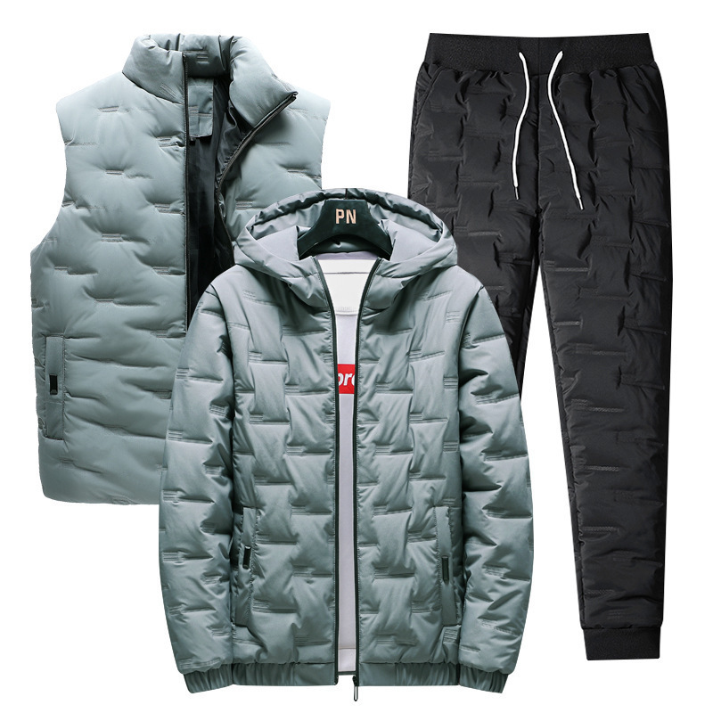 Algodón para hombres grueso abrigo de invierno nuevo abrigo de invierno de tres piezas chaqueta de plumón cálida moda guapo conjunto