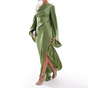 in stock independent station Amazon cross-border hot autumn new solid color shoulder slim split dress