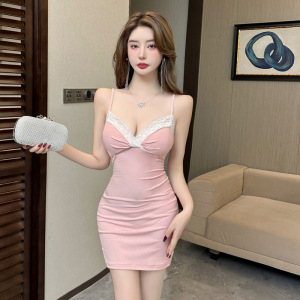 Sexy lace patchwork low cut suspender cotton base dress