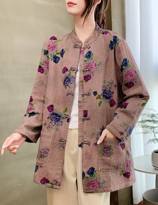 2025新款女复古文艺斜纹数码印花盘扣宽松显瘦百搭复古盘扣外套女|undefined