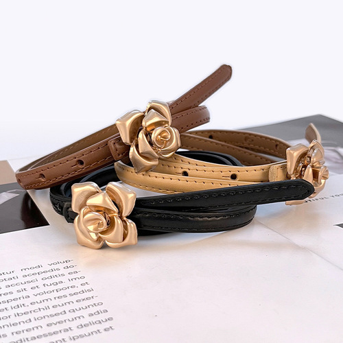 New Leather Women's Slim Waist Belt with Floral Design, Suitable for Turtlenecks and Dresses