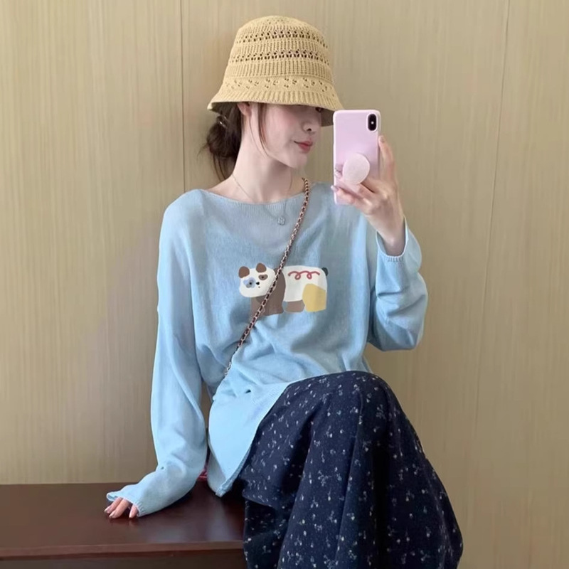 Korean-Style Design Blue Sun-Protective Ice Silk T-Shirt for Women, Summer Thin Loose Knit Cover-Up Top