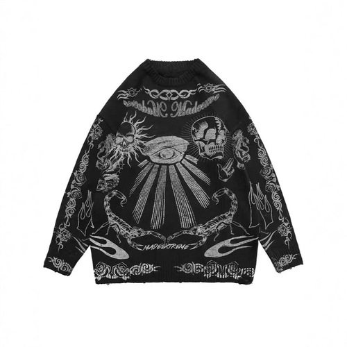 American and European fashion, Harajuku punk rock, hip-hop, skeleton, dark flame, Y2K, original long-sleeved knit sweater hoodie