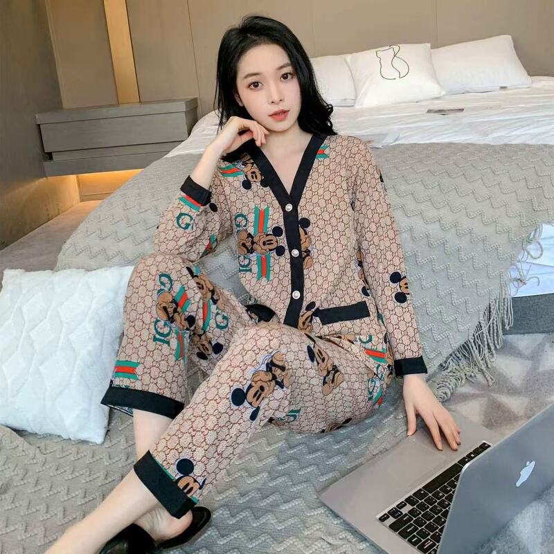 Pajamas for Women 2025 Spring and Autum Home Clothes V-Neck Thin Cardigan Long-Sleeved Pants Home Clothes Set Can Be Worn Outside