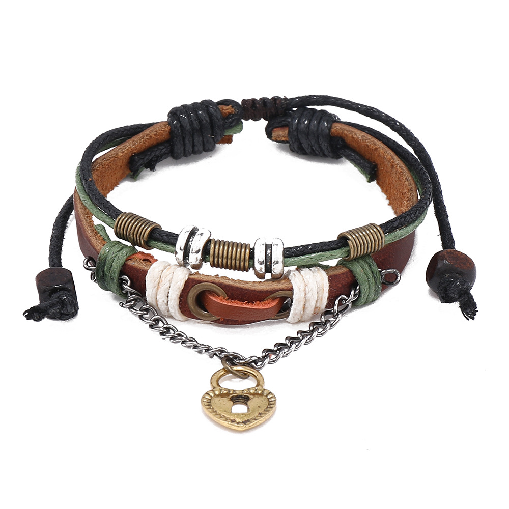 Knitting Design Retro Key Lock Pu Leather Alloy Wax Line Knitting Couple Bracelets