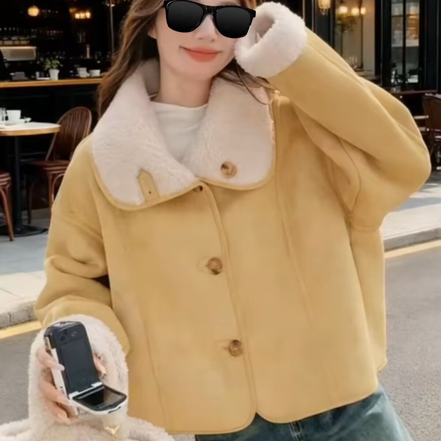 Yellow Suede Lambskin Coat for Women, Winter 2024 New Korean Style, Thickened Fur, Reversible Design