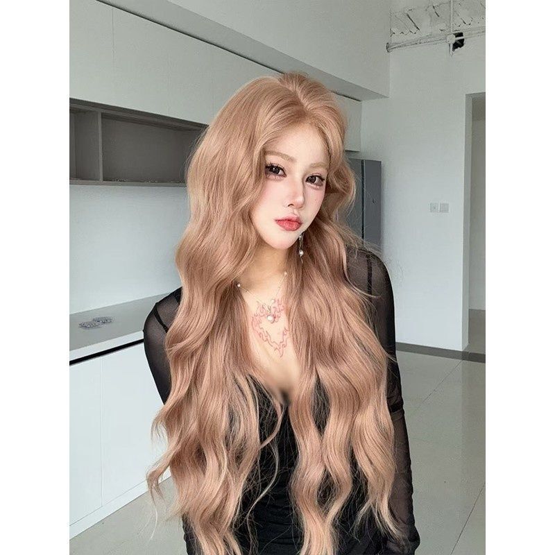 Wig for Women in Milk Tea Pink and Golden Color with a Center Parting, Wavy Bangs, Egg Roll Style, Atmospheric Big Waves, Realistic and Stylish Full Head Wig