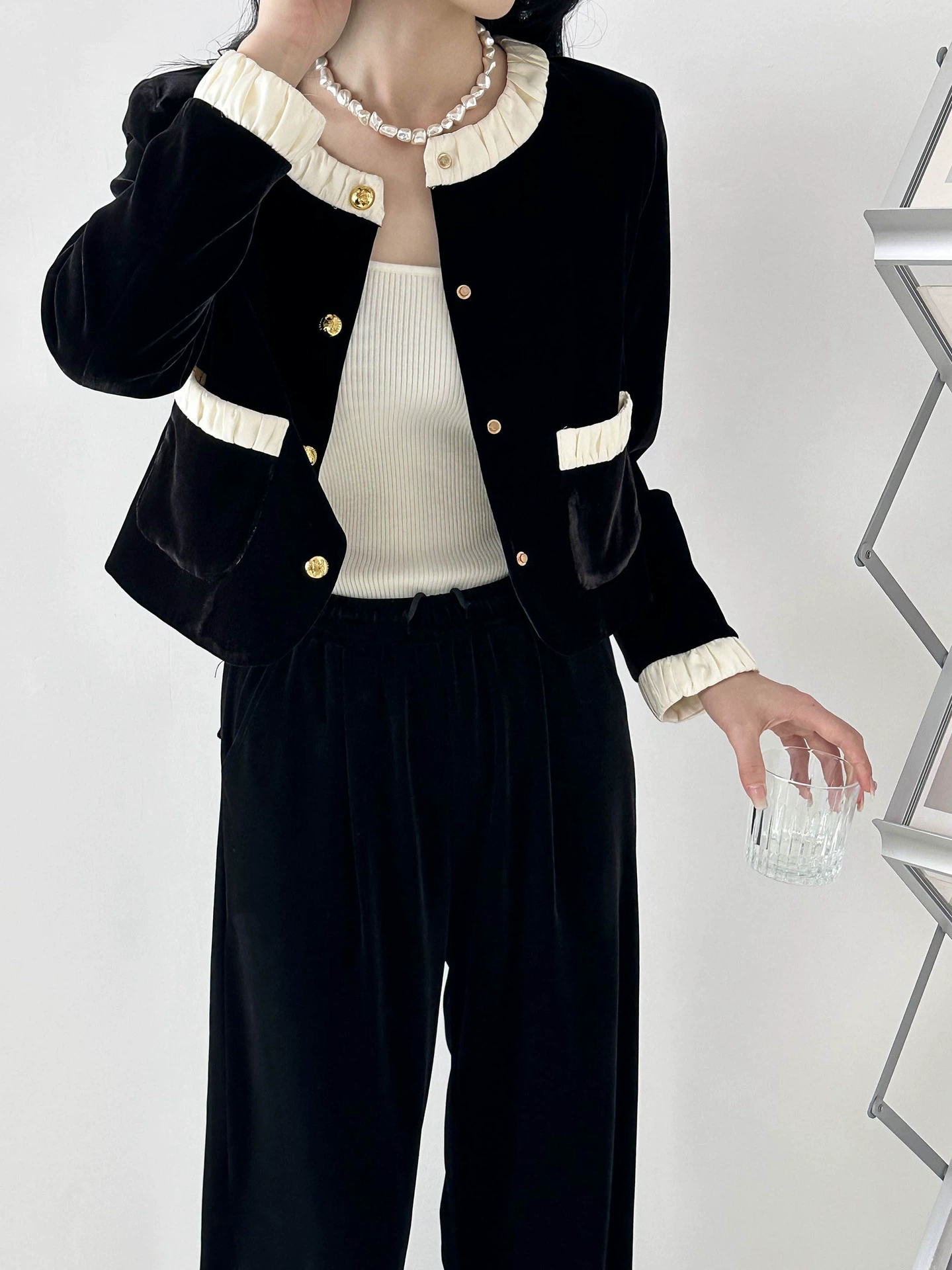 Черный бархатный осенний жакет, стиль Chanel, 2023, стиль высокого качества