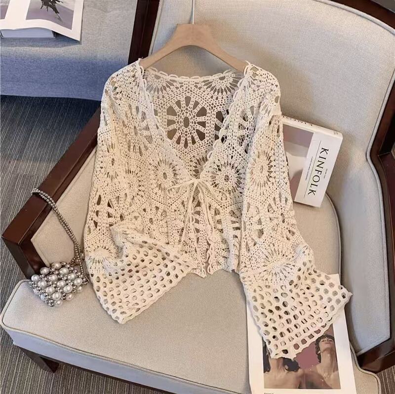 Crochet Hollow-Out Knit Cardigan V-Neck Summer Thin Bohemian Loose Long-Sleeve Short Top Cover-Up