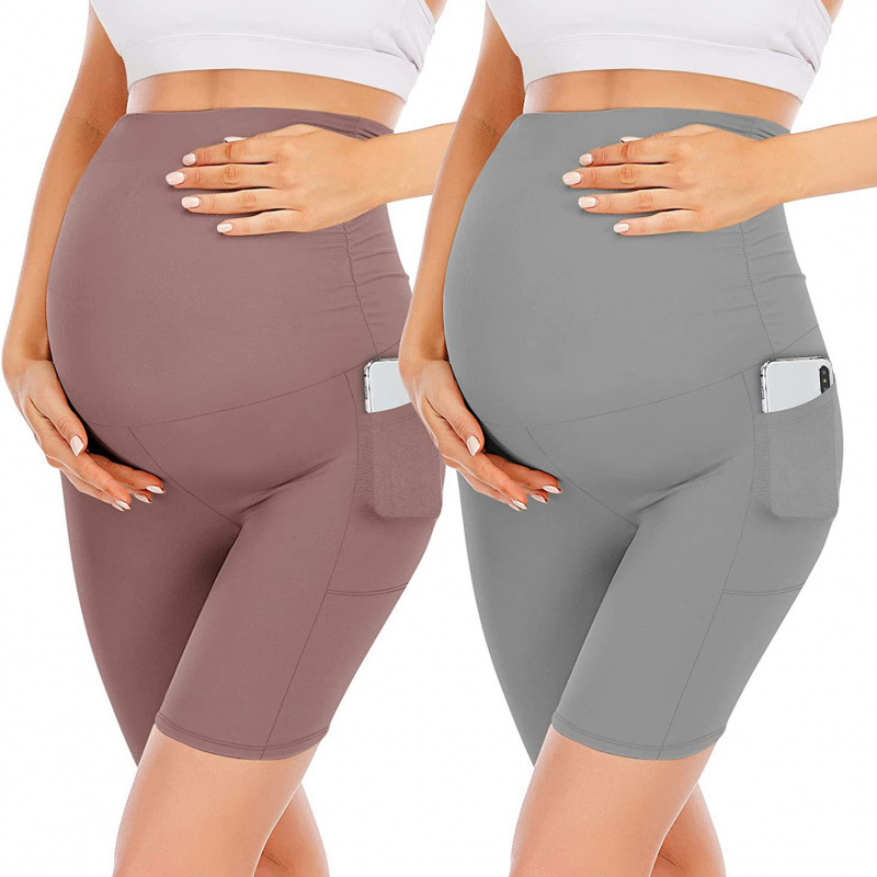 European and American New Style High-Waisted Slim-Fit Maternity Yoga Pants with Pockets, Cross-Border Sports Fitness Maternity Shorts, Black