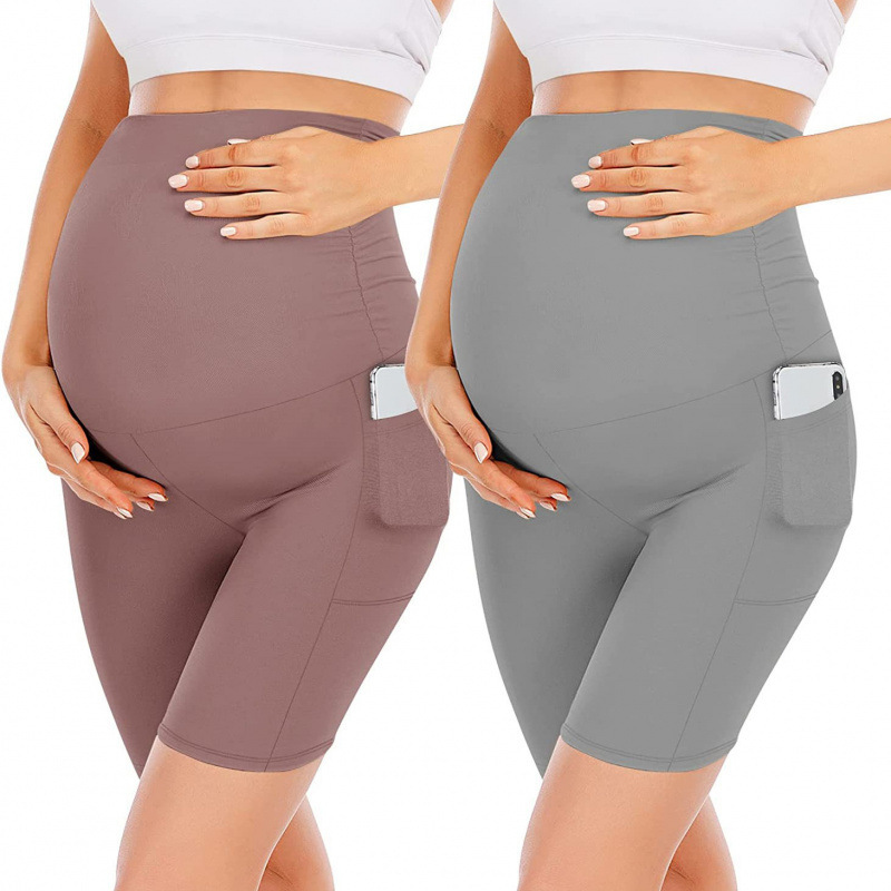 European and American New Style High-Waisted Slim-Fit Maternity Yoga Pants with Pockets, Cross-Border Sports Fitness Maternity Shorts, Black