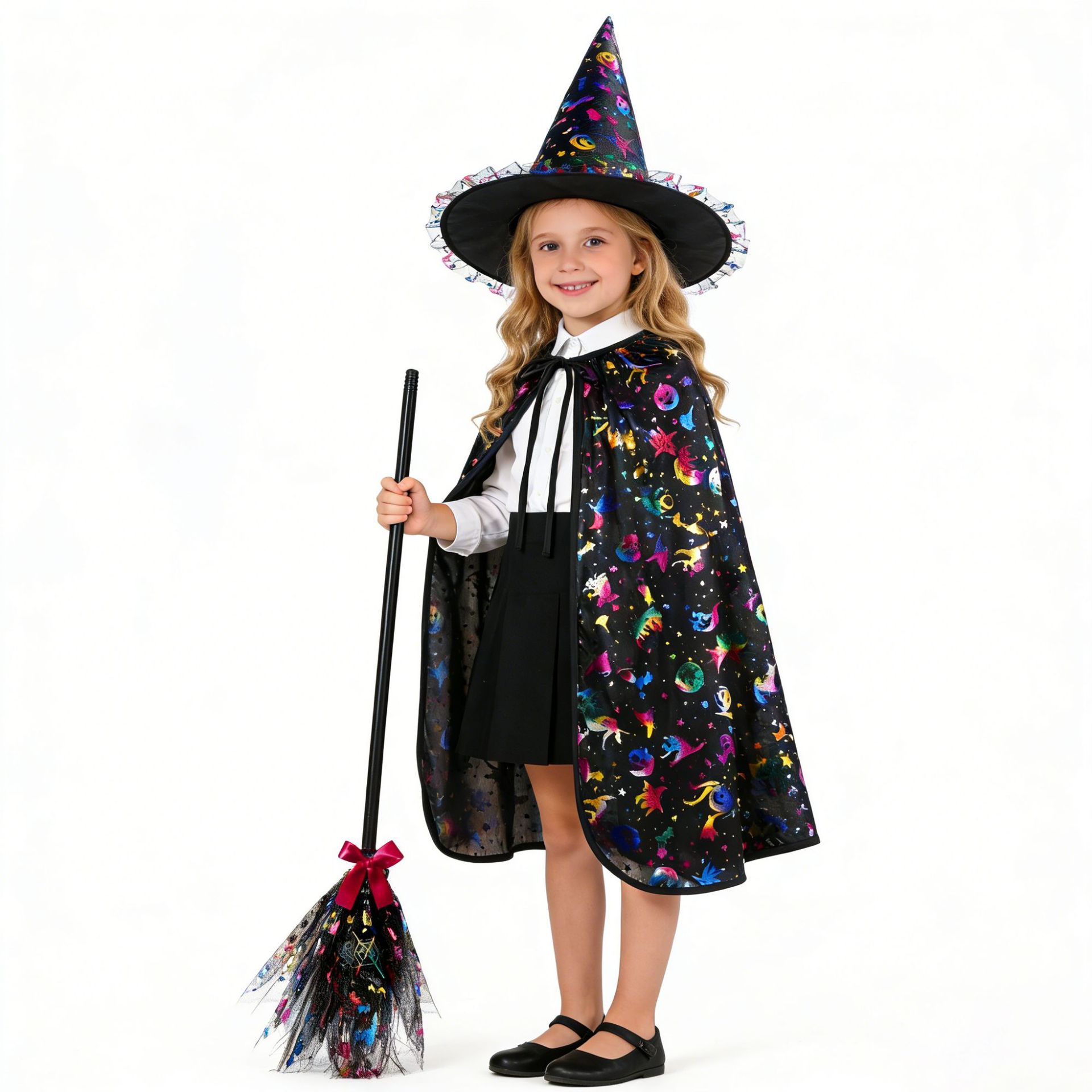 2026 Halloween Children's Cape Set Black Witch Hat Broom Print Lace-Up Cape Three-Piece Set for Kids