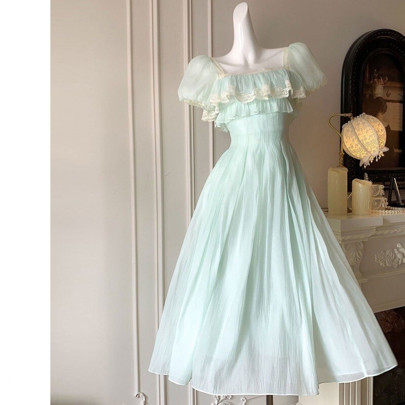 【Mint Lime】French-style fresh vintage square-neck dress for women, new summer sweet girl long dress 【Mint Lime】French-style fresh vintage square-neck dress for women, new summer sweet girl long dress