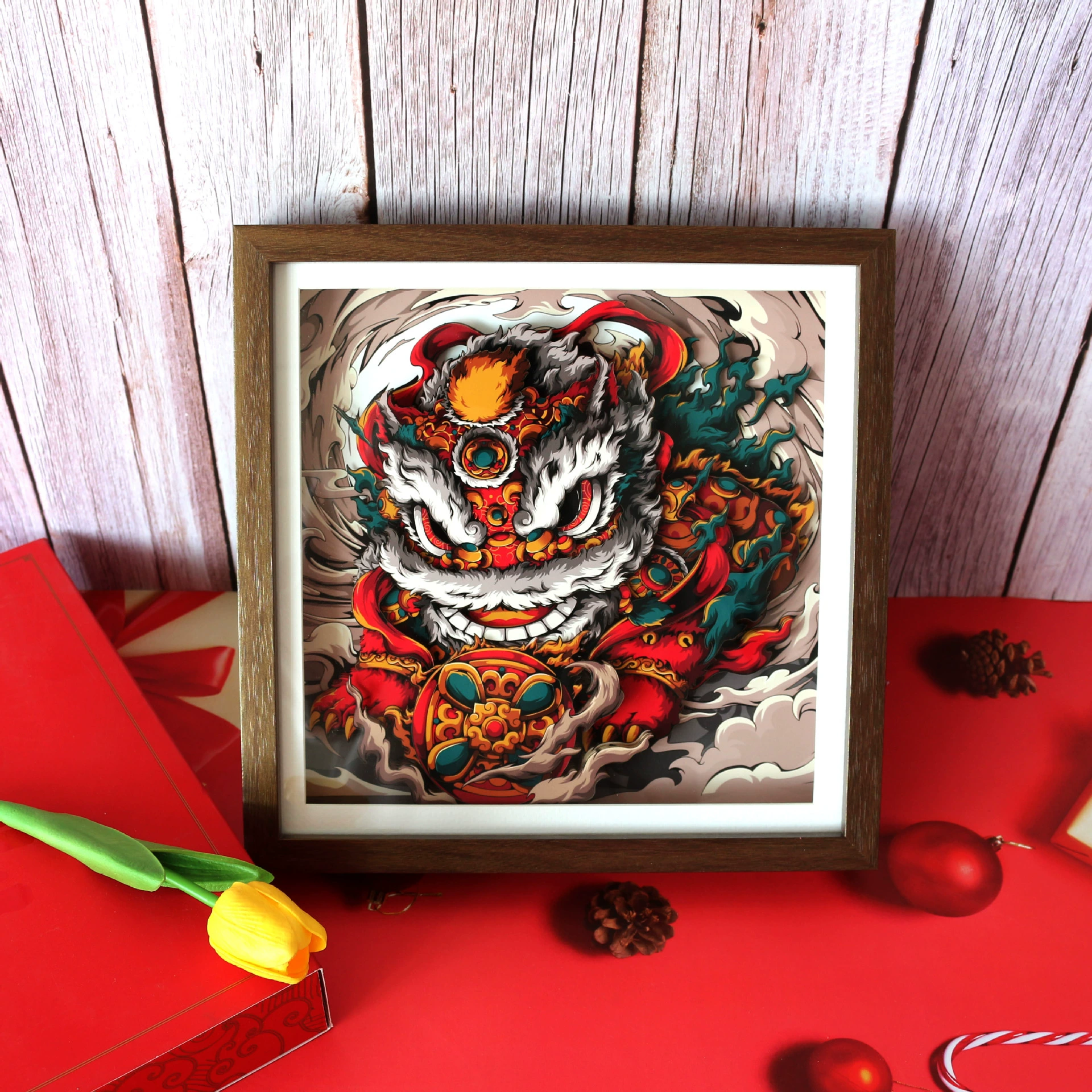 Фоторамка для украшения новоселья, демонстрационная рамка для поделок в национальном стиле «Пробуждение льва», культурная и творческая настольная фоторамка из вырезанной бумаги, подарочные украшения