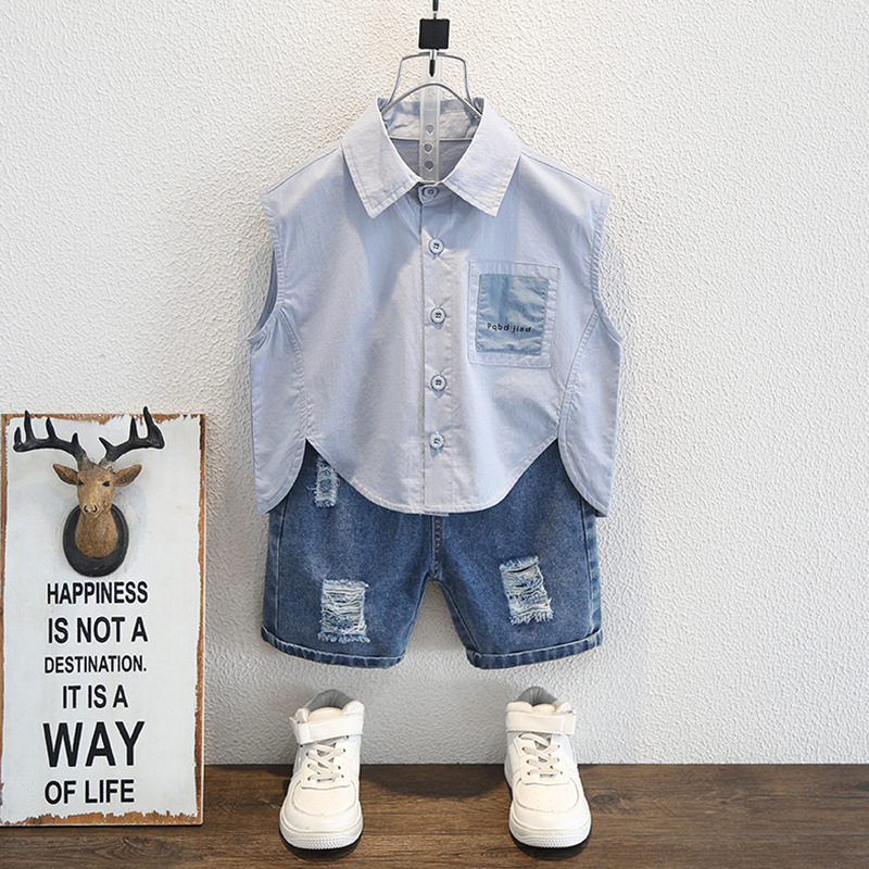 7939 camisas para niños verano nuevo estilo para niños bolsillos sueltos camisa sin mangas azul chaleco casual para niños de moda
