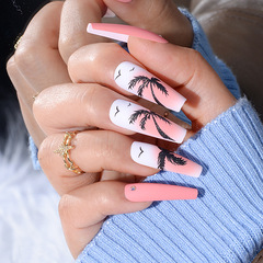 穿戴甲甲片ins風指甲貼片漸變磨砂粉色甲片成品批發椰子樹假指甲