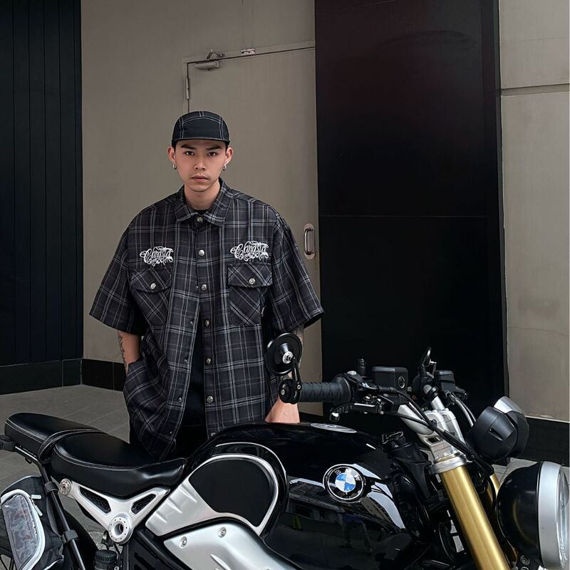 American-Style Heavyweight Plaid Oversized Loose Embroidered Cardigan Biker Barber Style Short-Sleeve Shirt Vintage Retro Style