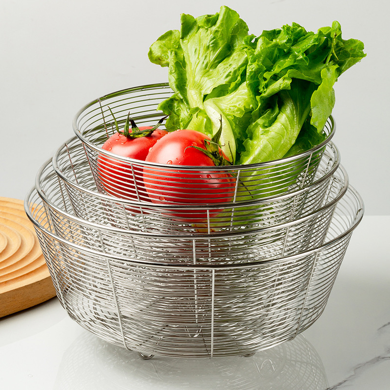 Stainless Steel Draining Basket Kitchen Round Vegetable Washing Basin Sink Rack Sieve Living Room Household Fruit Basket Storage Basket