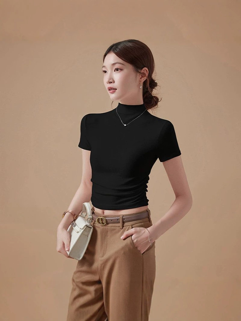 Popular Half-High Collar Short-Sleeve Top for Women, Thin Style, Suitable for Layering or Wearing Alone, Slim Fit, Flattering, Enhances Bust, Pure Desire Spicy Girl Tight-Fitting T-Shirt