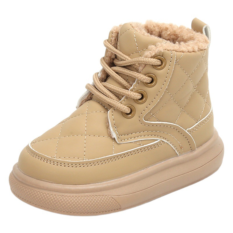 Botas cortas para niños, estilo nuevo invierno 2025, botas de algodón para niñas, estilo británico, de piel de cordero, botas de nieve para niños pequeños y de mediana edad.