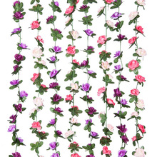 亚马逊跨境45头玫瑰藤条65英尺花环装饰塑料人造花适用于婚礼装饰