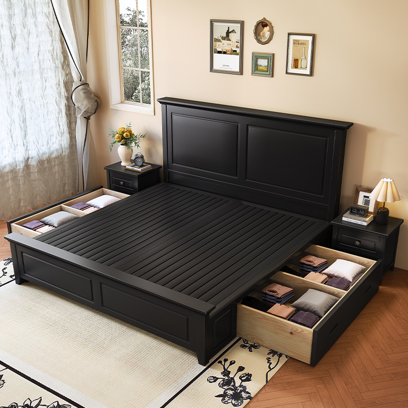 黑色中古风实木床1.8米1.5米美式床卧室双人床现代简约主卧储物床