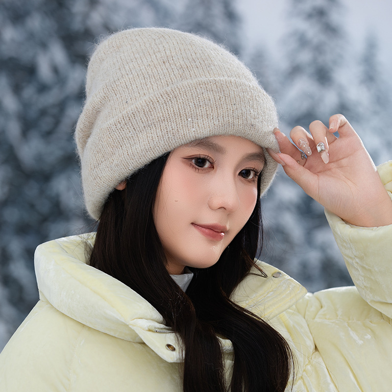 帽子女款秋冬亮片保暖毛线帽韩版户外休闲防风护耳帽显脸小堆堆帽|undefined