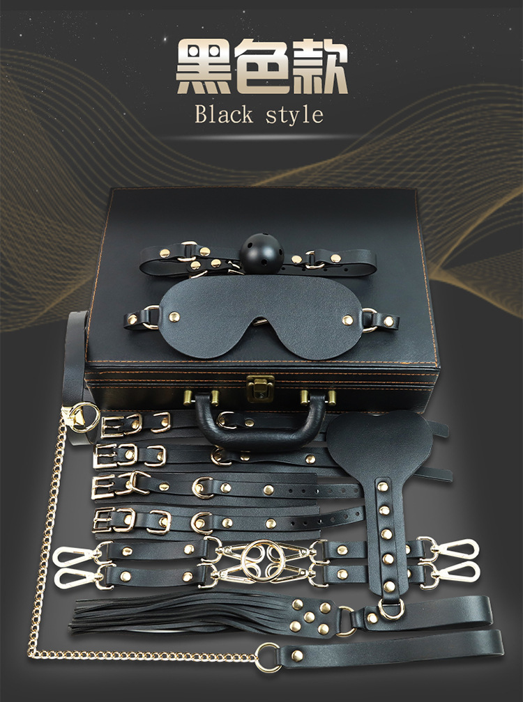 Jiuai PU Leather Bondage Handcuffs Set with Metal Hardware, Black Nine-Piece Kit — detail image 15