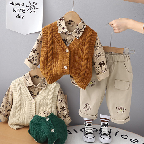 New Men's Autumn Long Sleeve Set 0-5 Years Old Boys Bamboo Style Vests Cardigans Children's Autumn Set of Three