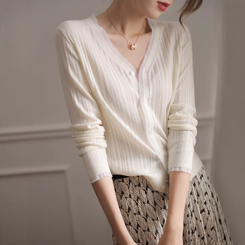 French-Style Lace Patchwork V-Neck Hollow-Out Knit Cardigan for Women, Spring and Autumn Loose Thin Jacket, Tencel Cotton Top Cover-Up French-Style Lace Patchwork V-Neck Hollow-Out Knit Cardigan for Women, Spring and Autumn Loose Thin Jacket, Tencel Cotton Top Cover-Up