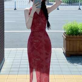 气质无袖挂脖交叉系带连衣裙度假长裙 内有衬裙图片色薄纱修身型