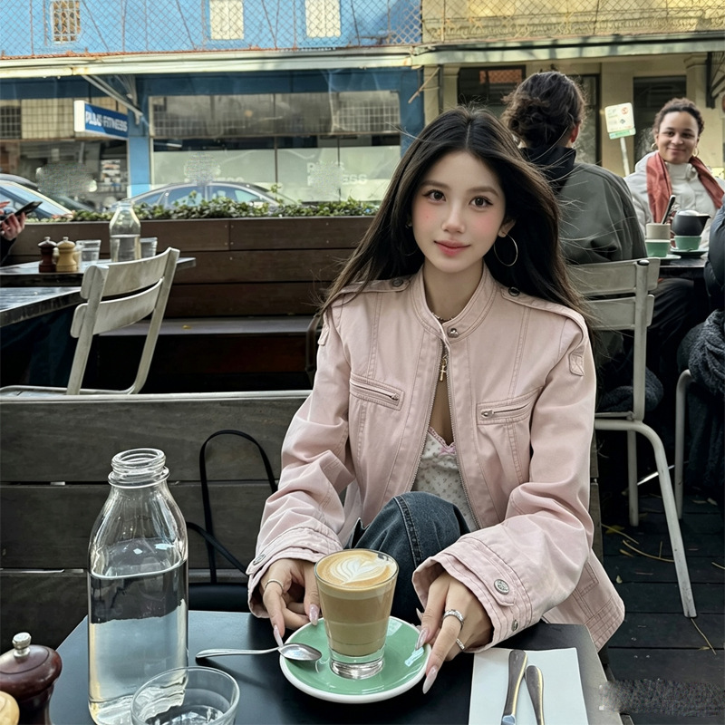American retro washed stand-up collar short pink denim jacket for women, casual short coat, new autumn style American retro washed stand-up collar short pink denim jacket for women, casual short coat, new autumn style