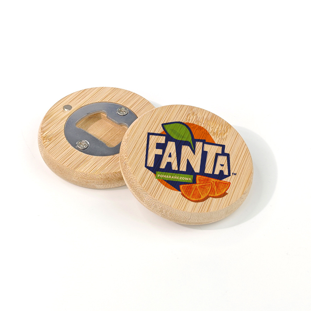 Nuevo producto de impresión de transferencia de calor creativo redondo de bambú y madera abertura de botellas magnéticas