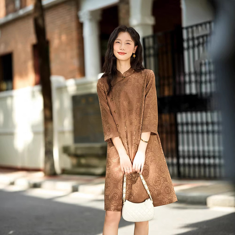 76001 Intangible Cultural Heritage Four-Leaf Ruyi Brocade Silk Wool Dress with Jacquard Pattern, Traditional Chinese Style, Retro Three-Quarter Sleeve Dress