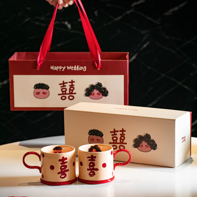 Taza de café roja de boda de estilo nacional, regalo de apertura, logotipo de cerámica, taza de café de pareja de alto valor