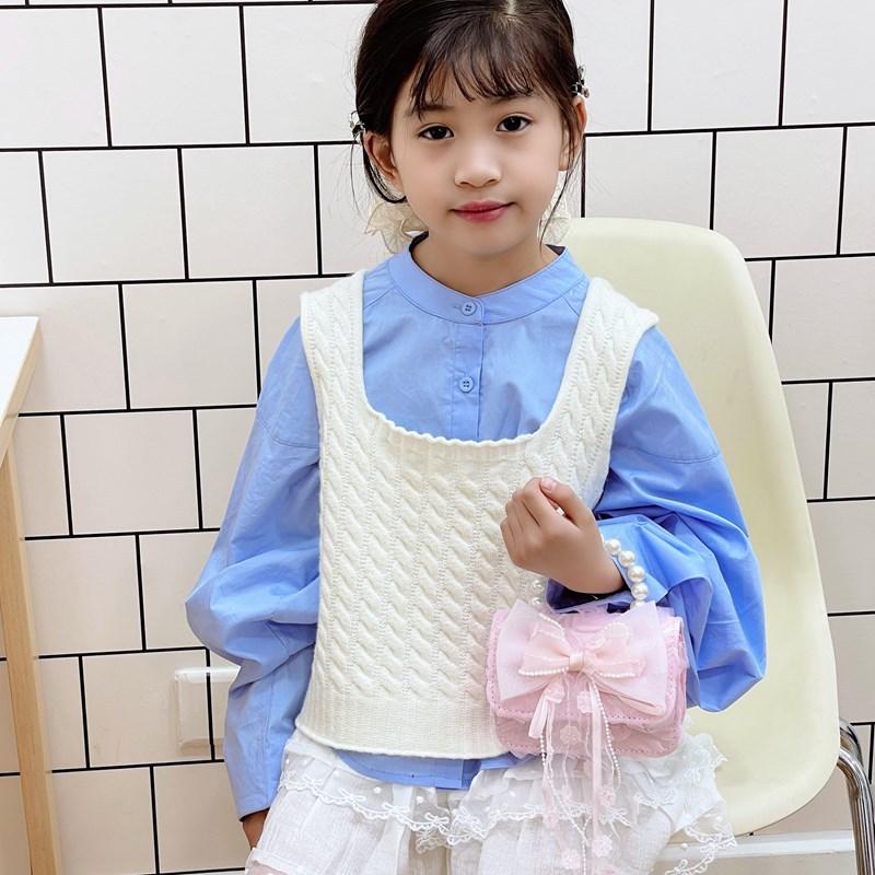 Bolso de cadena de niña de estilo pequeño de fragancia coreana, bolso de bebé de perlas con lazo de encaje, mini bolso para niños de estilo occidental