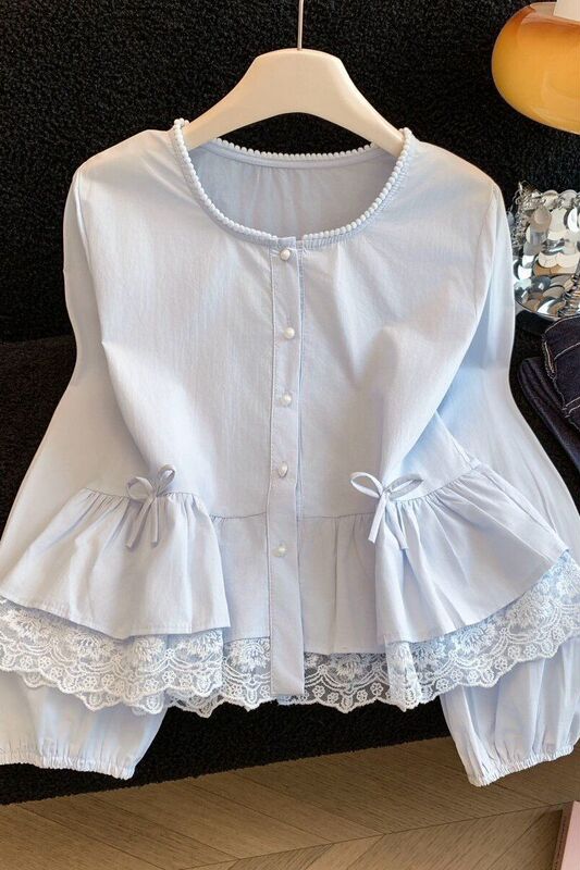 2026 Sweet and Youthful Lace-Trimmed Shirt with Bubble Sleeves and Ruffled Hem for Women, Spring Collection