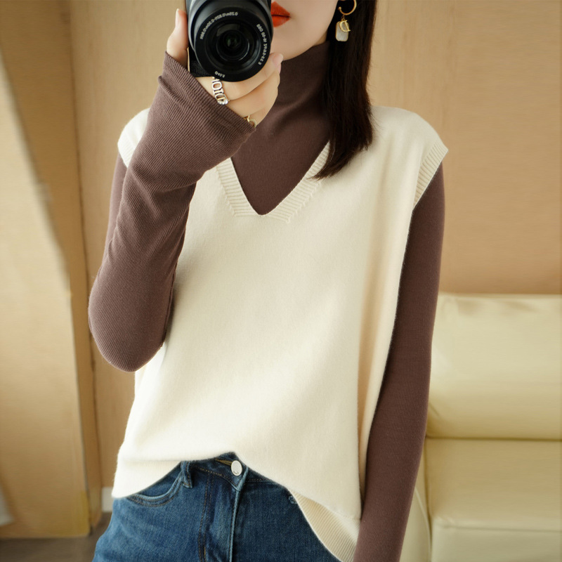 A principios de otoño de punto de las mujeres Chaleco con cuello en V suelta desgaste exterior sin mangas chaleco superior casual estilo perezoso suéter al por mayor