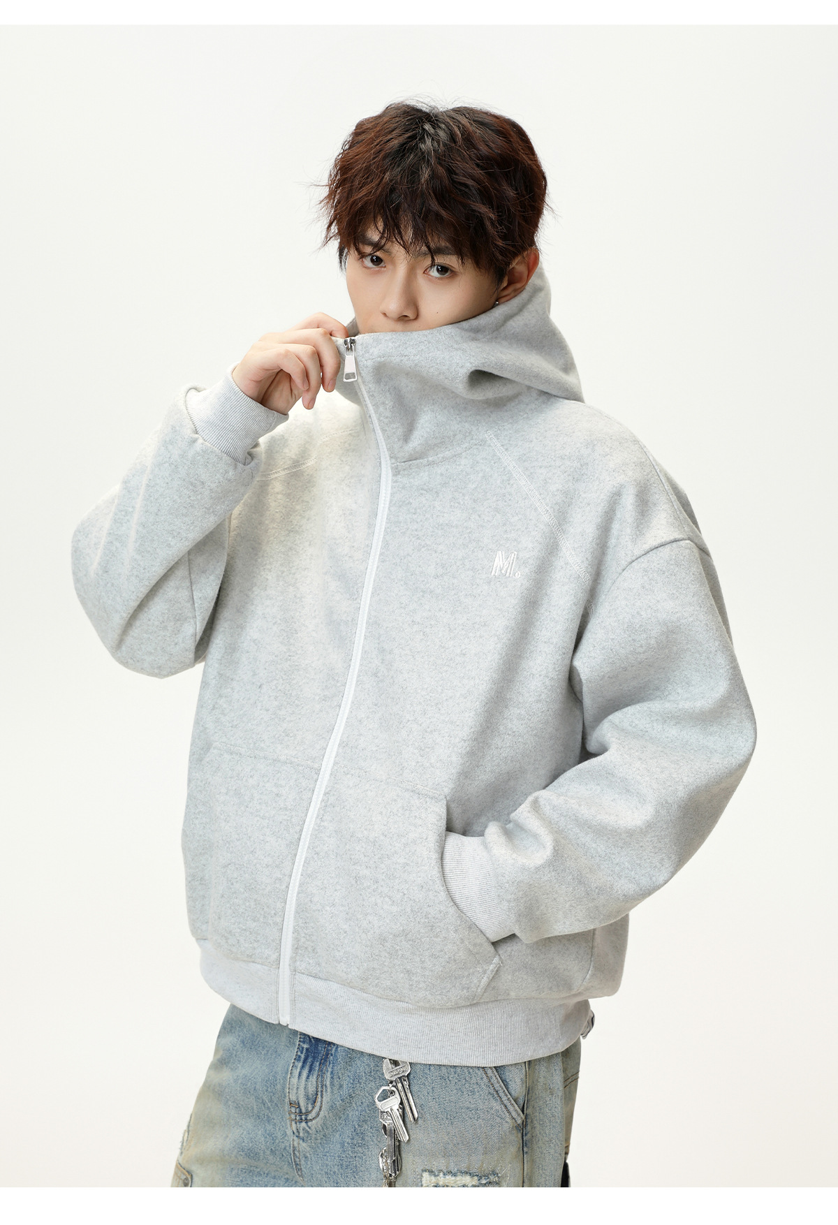 Monochrome Man- Heavy Woolen Hooded Sweatshirt Autumn Style American Retro Color-Block Zipper Cardigan Jacket Textured Thickened Hoodie_viptrois.com