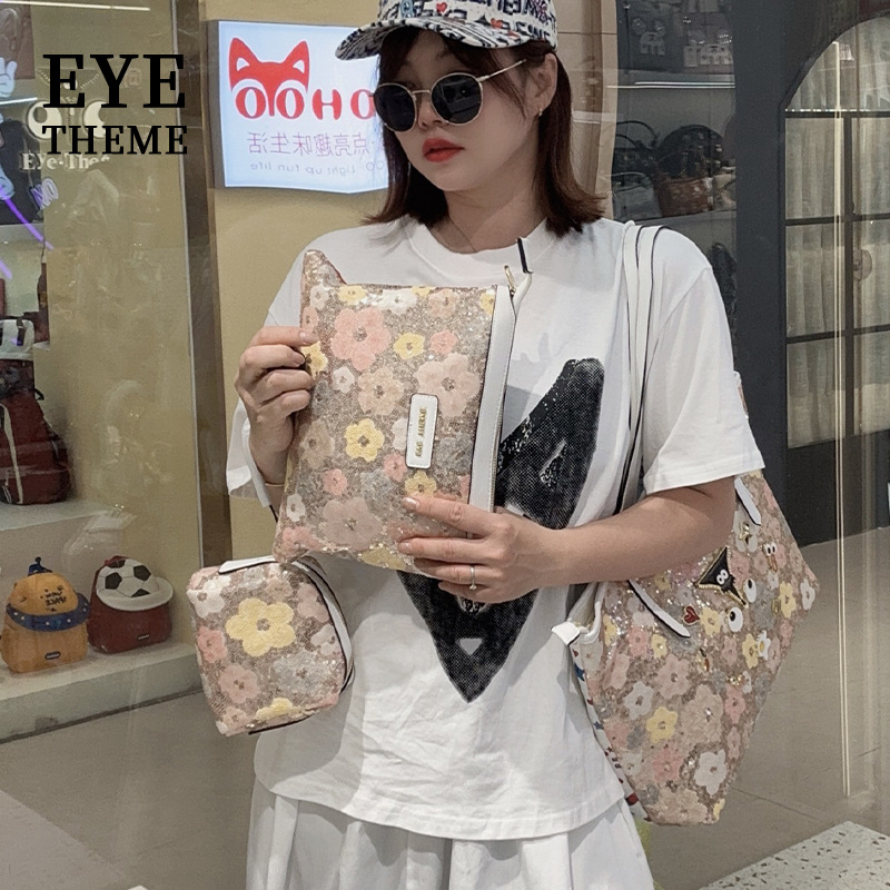 Bolso con cremallera de lentejuelas bordado casual de tres piezas para mujer de gran capacidad