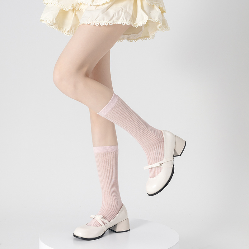 Zapatos y calcetines de ballet estilo Miu de algodón, calcetines finos de primavera y verano con rayas verticales que estilizan, calcetines largos de color puro estilo japonés para niñas.
