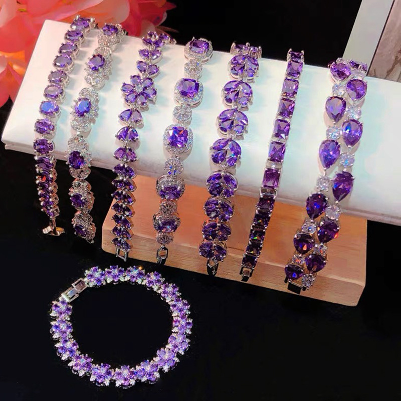 European and American Cross-Border Purple Water Drop Flower Zircon Bracelet Fashionable Elegant Simple Bracelet Light Luxury High-End Jewelry for Women