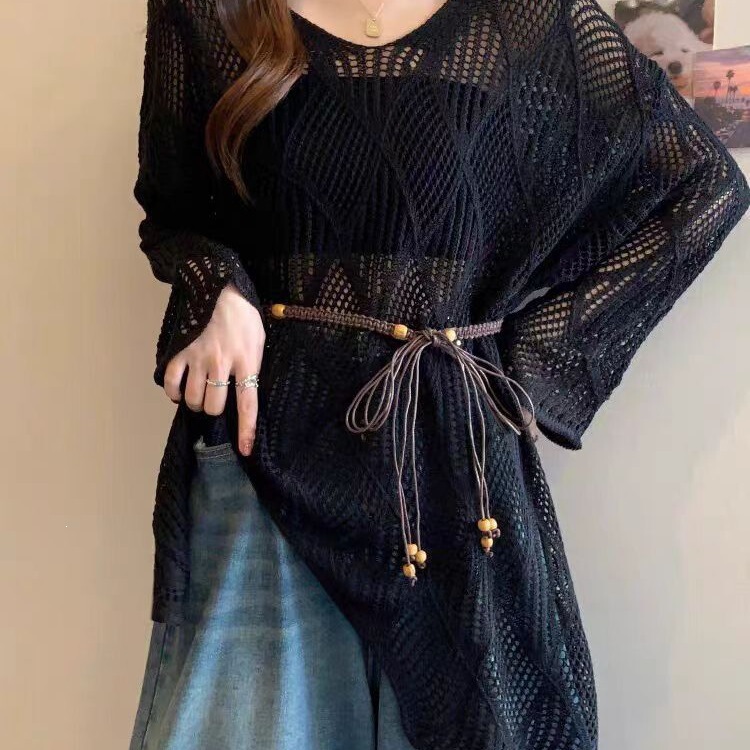 French-Style Lazy Style V-Neck Hollow-Out Knit Sweater for Women, New Summer Fashion for Plus-Size, Mid-Length Sun-Protective Cover-Up Top